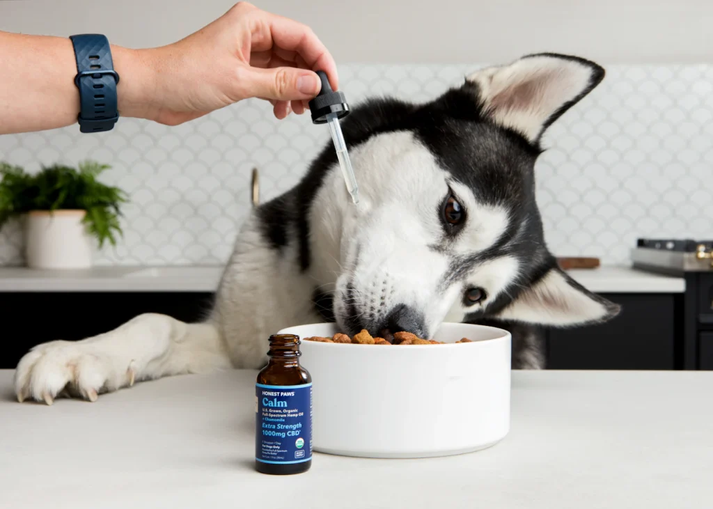 Owner adding drops to a dog food bowl