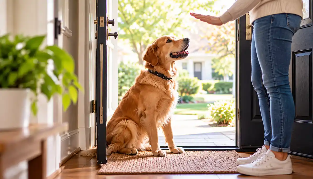 Dog learning to wait calmly at an open doorway during training
