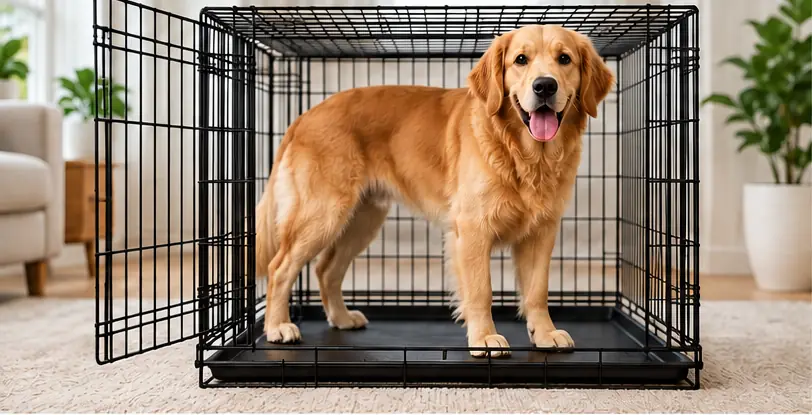 Dog standing comfortably inside an appropriately sized crate