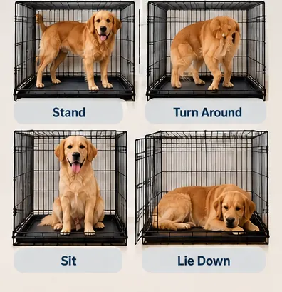 Four crate-fit positions showing a dog standing, turning around, sitting, and lying down