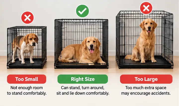 Comparison of a dog crate that is too small, appropriately sized, and excessively large