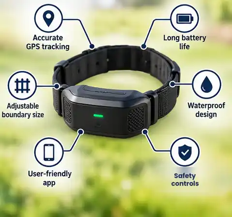 GPS dog collar with callouts showing key features to compare