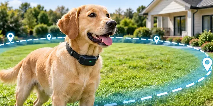 Golden retriever wearing a black collar on a backyard lawn with a virtual GPS fence boundary