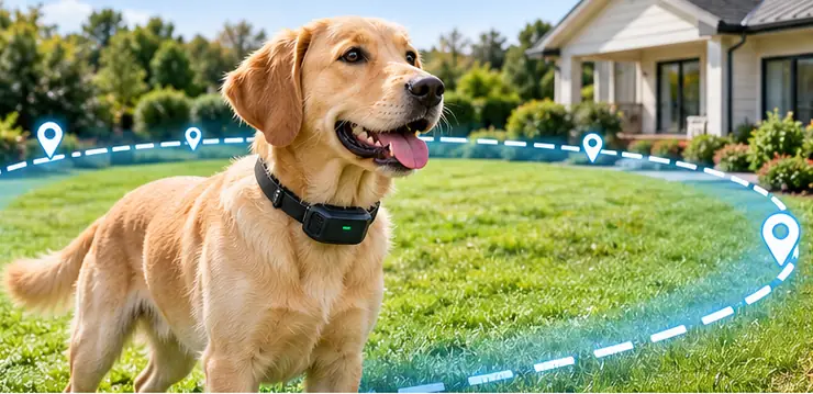 Golden retriever wearing a black collar on a backyard lawn with a virtual GPS fence boundary