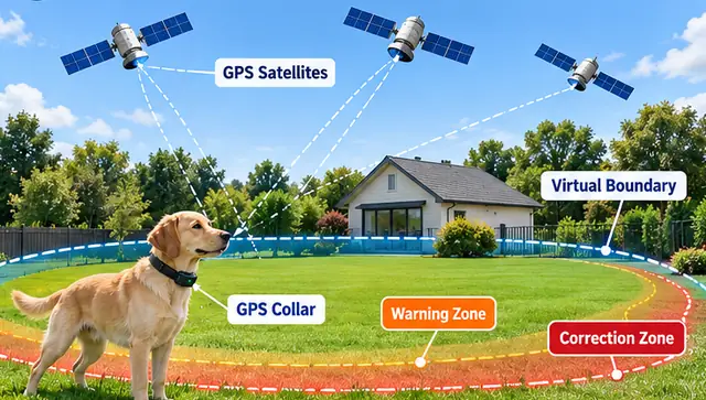 Diagram showing GPS satellites, a GPS collar, virtual boundary, warning zone and correction zone