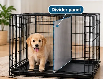 Puppy crate with a divider panel that adjusts the available space