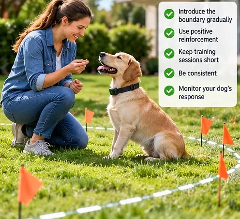 Dog being trained with reward-based methods near a GPS fence boundary